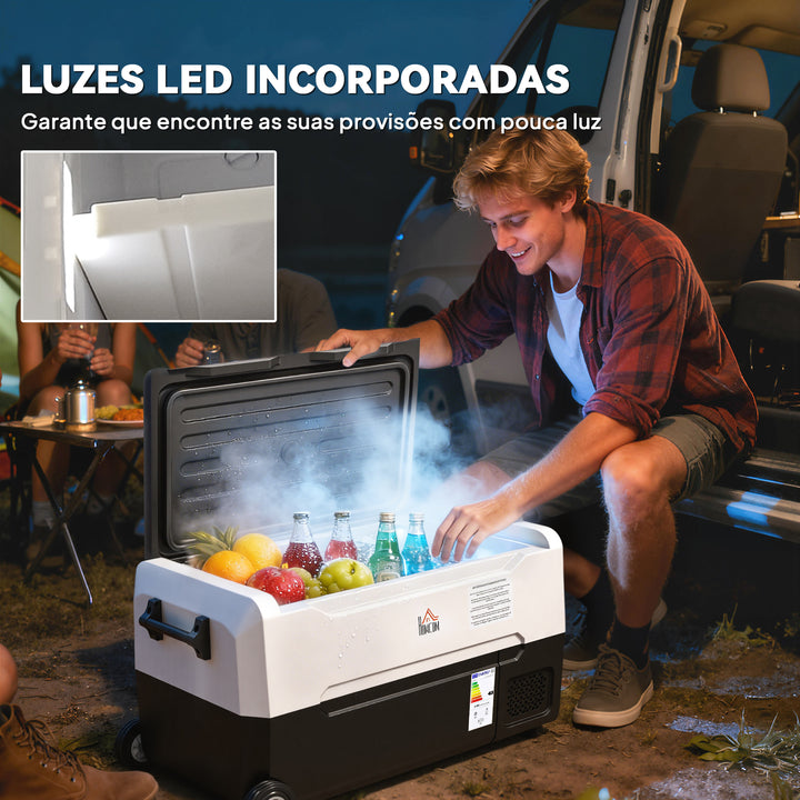 Geleira Elétrica de Compressor Portátil 30,5L para Carro -20? a 20? 12 / 24V CC e 100-240V AC com 2 Rodas Alças e Compartimento Congelador para Campismo Viagens 56,8x33x26,2 cm Preto