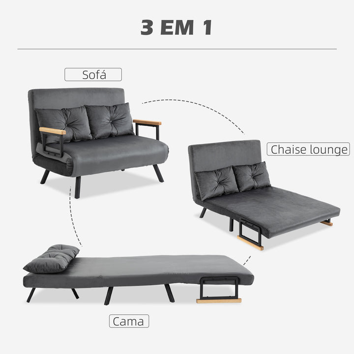 Sofá Cama Sofá Convertível em Cama de 2 Lugares Dobrável com Encosto Ajustável em 5 Níveis e 2 Almofadas Acolchoadas para Escritório Dormitório Sala de Estar 102x73x81 cm Cinza