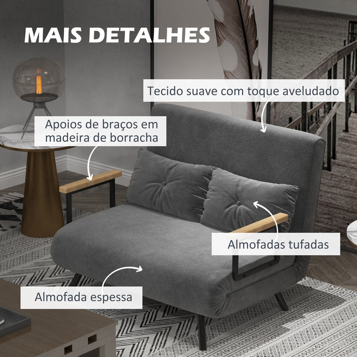 Sofá Cama Sofá Convertível em Cama de 2 Lugares Dobrável com Encosto Ajustável em 5 Níveis e 2 Almofadas Acolchoadas para Escritório Dormitório Sala de Estar 102x73x81 cm Cinza