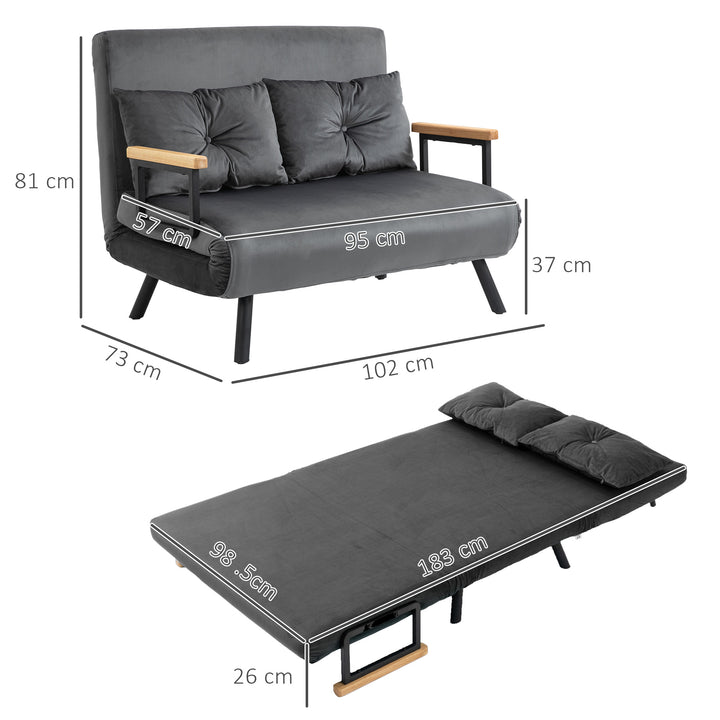 Sofá Cama Sofá Convertível em Cama de 2 Lugares Dobrável com Encosto Ajustável em 5 Níveis e 2 Almofadas Acolchoadas para Escritório Dormitório Sala de Estar 102x73x81 cm Cinza