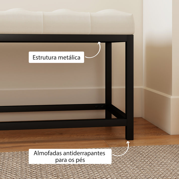 Banco aos Pés da Cama Estofado em Veludo Banqueta para Quarto Design Capitonê Base de Metal Banco para Quarto Entrada Sala 117x40x48 cm Creme