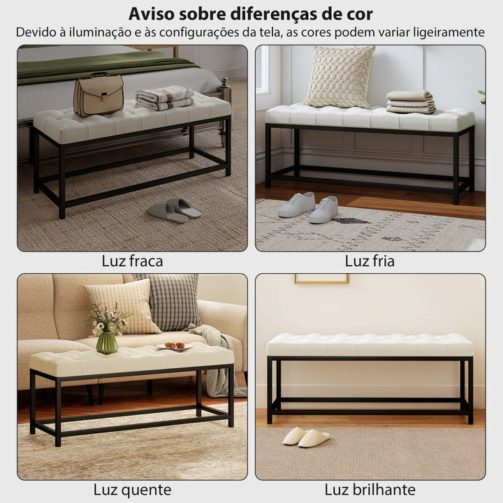 Banco aos Pés da Cama Estofado em Veludo Banqueta para Quarto Design Capitonê Base de Metal Banco para Quarto Entrada Sala 117x40x48 cm Creme