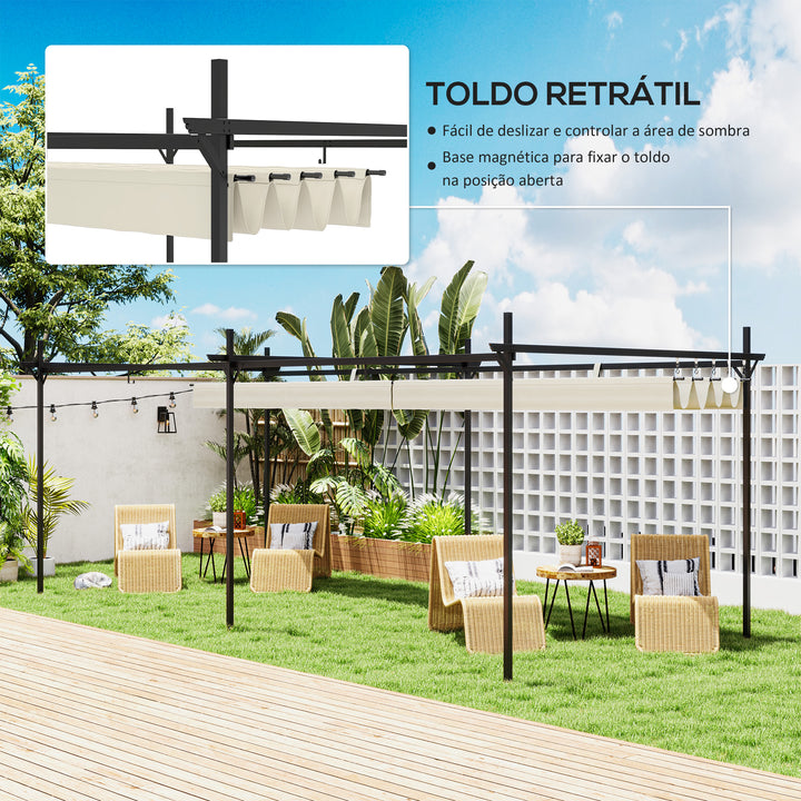 Pérgola com Teto Retrátil Pérgola de Alumínio 588x297x230 cm Pérgola com Tecido de Poliéster Anti UV Pérgola de Jardim Exterior Creme