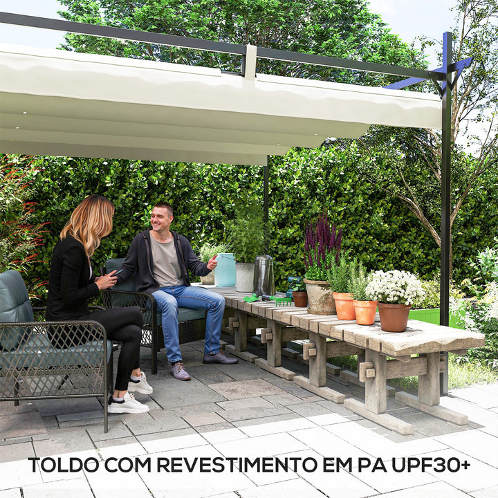 Pérgola com Teto Retrátil Pérgola de Alumínio 588x297x230 cm Pérgola com Tecido de Poliéster Anti UV Pérgola de Jardim Exterior Creme
