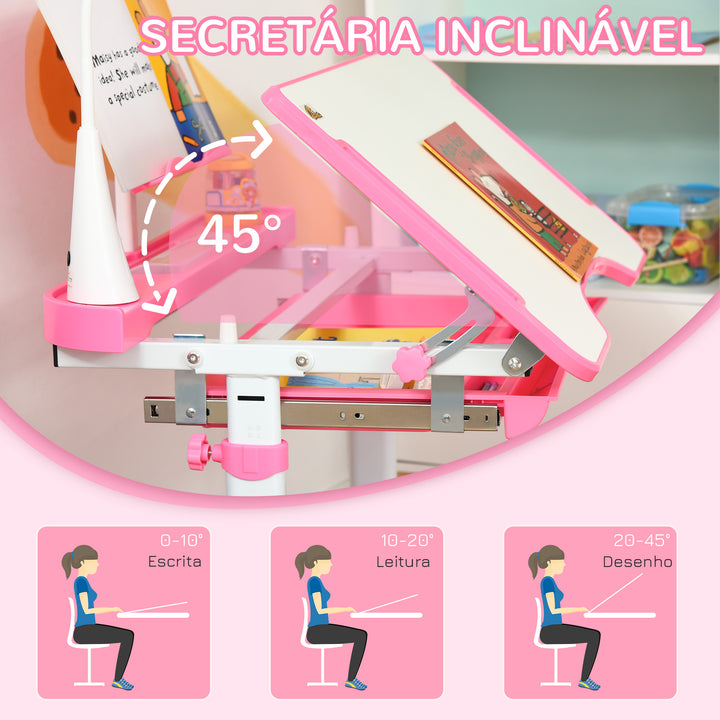 Conjunto de Secretária e Mesa para Crianças acima de 6 Anos Secretária Infantil com Altura Ajustável Mesa Inclinável Lâmpada Gaveta e Prateleira para Livros Rosa