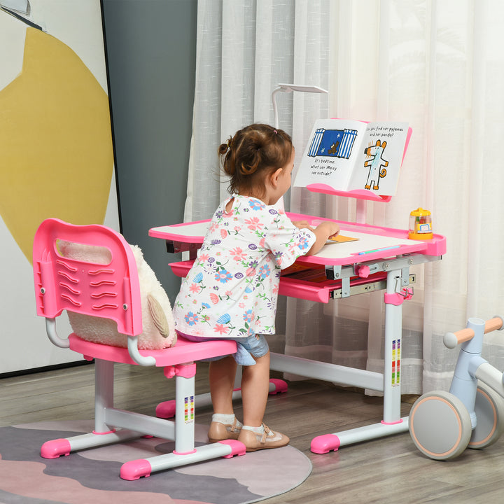 Conjunto de Secretária e Mesa para Crianças acima de 6 Anos Secretária Infantil com Altura Ajustável Mesa Inclinável Lâmpada Gaveta e Prateleira para Livros Rosa