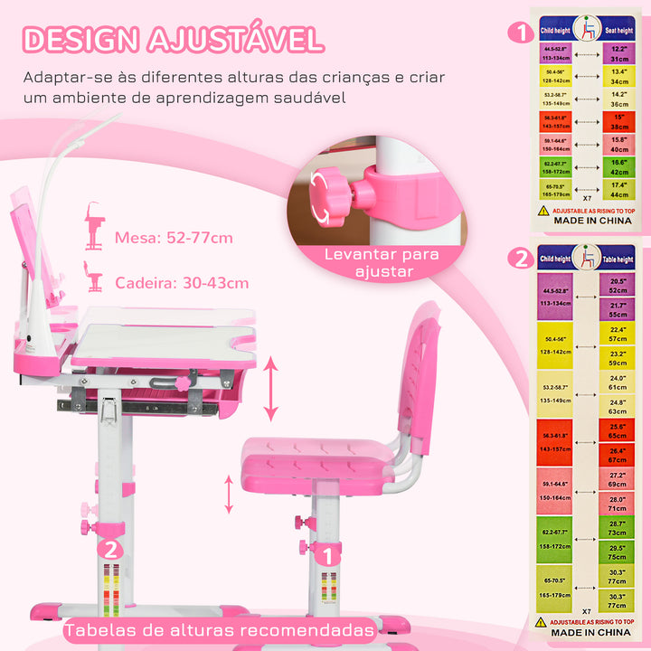 Conjunto de Secretária e Mesa para Crianças acima de 6 Anos Secretária Infantil com Altura Ajustável Mesa Inclinável Lâmpada Gaveta e Prateleira para Livros Rosa