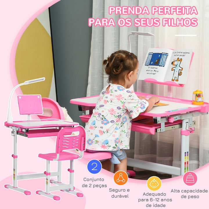 Conjunto de Secretária e Mesa para Crianças acima de 6 Anos Secretária Infantil com Altura Ajustável Mesa Inclinável Lâmpada Gaveta e Prateleira para Livros Rosa
