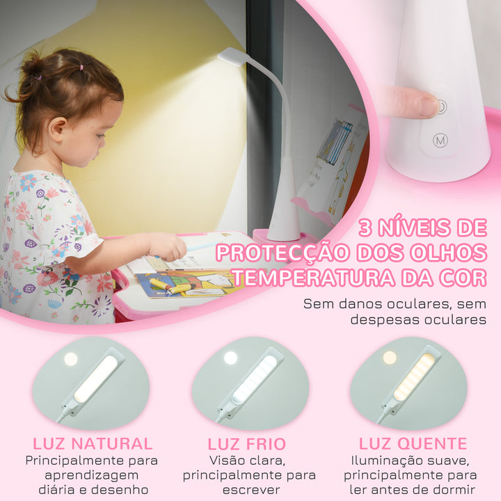 Conjunto de Secretária e Mesa para Crianças acima de 6 Anos Secretária Infantil com Altura Ajustável Mesa Inclinável Lâmpada Gaveta e Prateleira para Livros Rosa