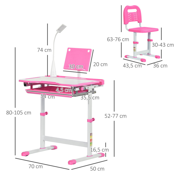 Conjunto de Secretária e Mesa para Crianças acima de 6 Anos Secretária Infantil com Altura Ajustável Mesa Inclinável Lâmpada Gaveta e Prateleira para Livros Rosa