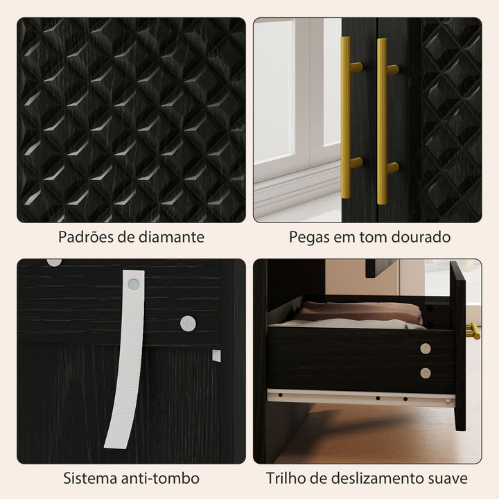Roupeiro com Espelho 2 Portas e 2 Gavetas Roupeiro para Dormitório com Relevo de Diamante Barra para Pendurar Estilo Moderno 80x50x180 cm Preto