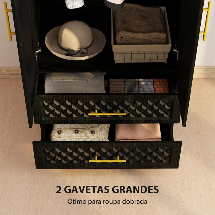 Roupeiro com Espelho 2 Portas e 2 Gavetas Roupeiro para Dormitório com Relevo de Diamante Barra para Pendurar Estilo Moderno 80x50x180 cm Preto