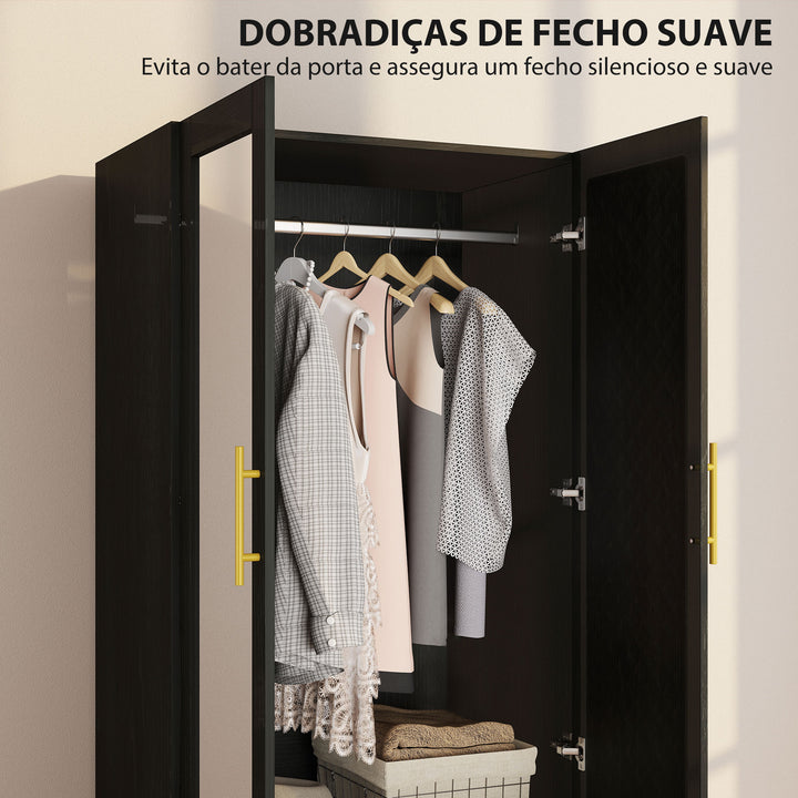Roupeiro com Espelho 2 Portas e 2 Gavetas Roupeiro para Dormitório com Relevo de Diamante Barra para Pendurar Estilo Moderno 80x50x180 cm Preto