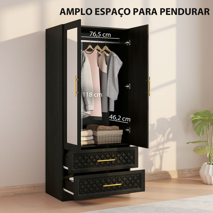 Roupeiro com Espelho 2 Portas e 2 Gavetas Roupeiro para Dormitório com Relevo de Diamante Barra para Pendurar Estilo Moderno 80x50x180 cm Preto