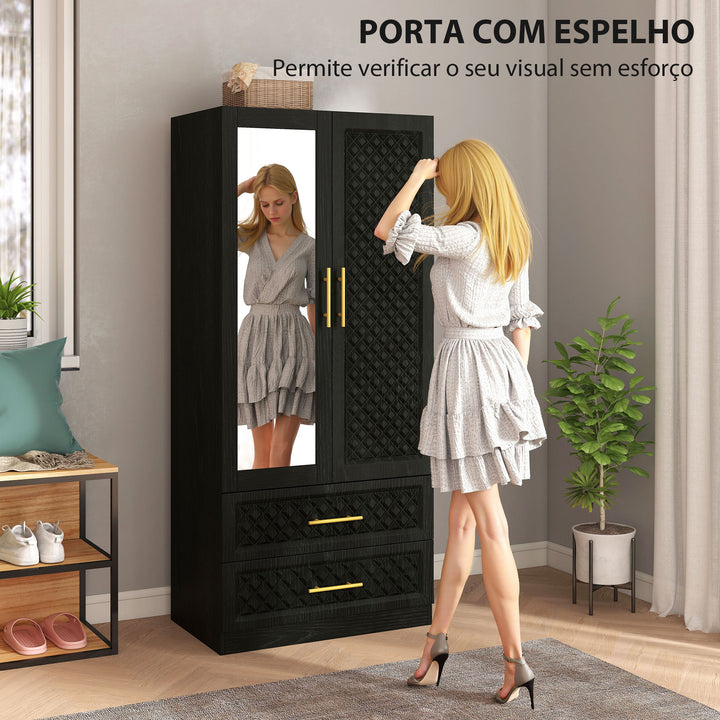 Roupeiro com Espelho 2 Portas e 2 Gavetas Roupeiro para Dormitório com Relevo de Diamante Barra para Pendurar Estilo Moderno 80x50x180 cm Preto