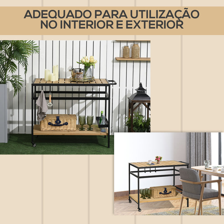 Carrinho Multifuncional com Rodas de Madeira Carrinho de Serviço com Bancada em Ripas 2 Prateleiras 3 Ganchos Carrinho para Jardim Varanda Pátio 107x65x80 cm Madeira