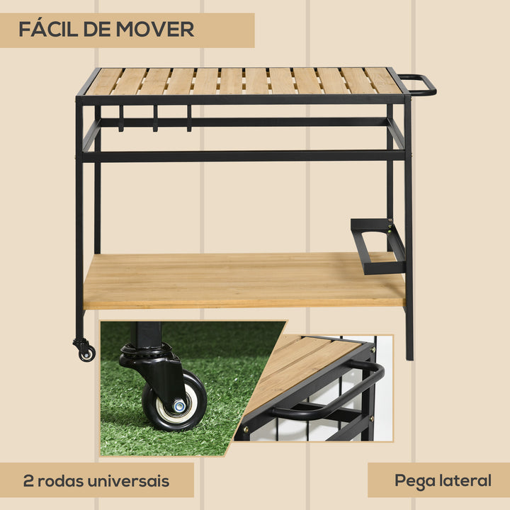 Carrinho Multifuncional com Rodas de Madeira Carrinho de Serviço com Bancada em Ripas 2 Prateleiras 3 Ganchos Carrinho para Jardim Varanda Pátio 107x65x80 cm Madeira