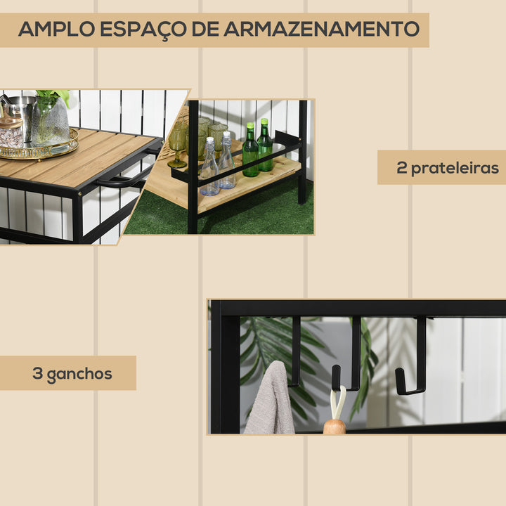 Carrinho Multifuncional com Rodas de Madeira Carrinho de Serviço com Bancada em Ripas 2 Prateleiras 3 Ganchos Carrinho para Jardim Varanda Pátio 107x65x80 cm Madeira