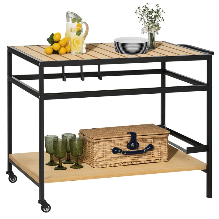 Carrinho Multifuncional com Rodas de Madeira Carrinho de Serviço com Bancada em Ripas 2 Prateleiras 3 Ganchos Carrinho para Jardim Varanda Pátio 107x65x80 cm Madeira