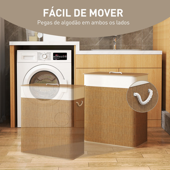 Cesto de Roupa com Tampa 100L Cesto para Roupa Suja de Bambu com 2 Compartimentos Bolsa Interior Amóvivel para Lavandaria Casa de Banho 52x32x63 cm Madeira e Creme