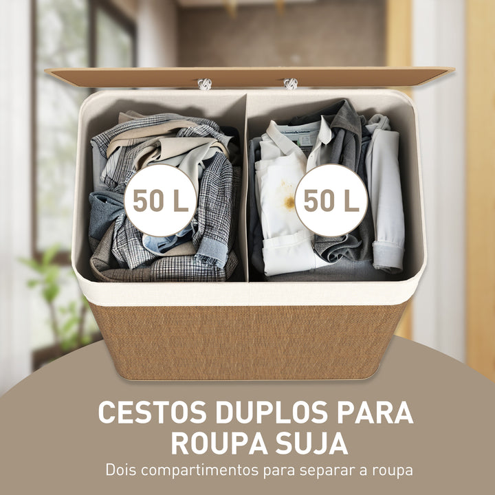 Cesto de Roupa com Tampa 100L Cesto para Roupa Suja de Bambu com 2 Compartimentos Bolsa Interior Amóvivel para Lavandaria Casa de Banho 52x32x63 cm Madeira e Creme