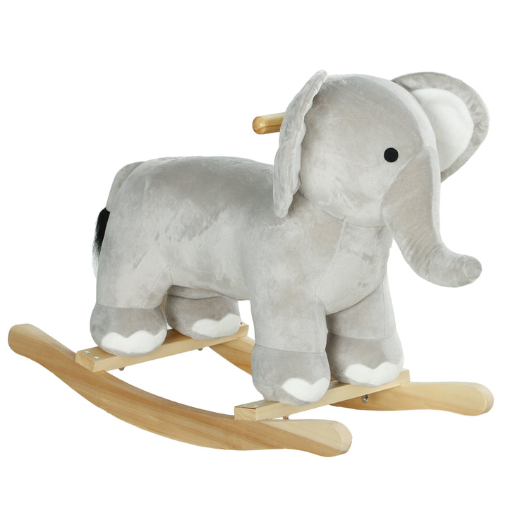 Cavalo Baloiço para Crianças de 2-4 Anos Cavalo de Brincar em Forma de Elefante com Som Guiador e Base de Madeira Carga 40 kg 64,5x31x52 cm Cinzento