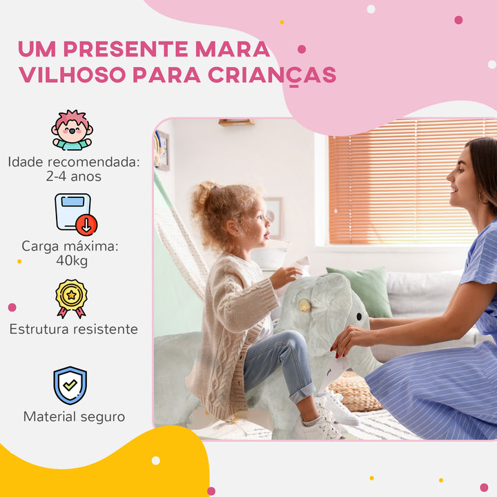 Cavalo Baloiço para Crianças de 2-4 Anos Cavalo de Brincar em Forma de Elefante com Som Guiador e Base de Madeira Carga 40 kg 64,5x31x52 cm Cinzento
