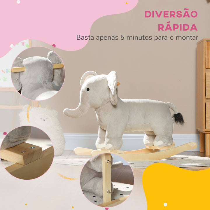 Cavalo Baloiço para Crianças de 2-4 Anos Cavalo de Brincar em Forma de Elefante com Som Guiador e Base de Madeira Carga 40 kg 64,5x31x52 cm Cinzento