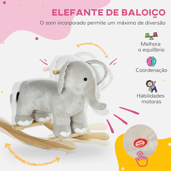 Cavalo Baloiço para Crianças de 2-4 Anos Cavalo de Brincar em Forma de Elefante com Som Guiador e Base de Madeira Carga 40 kg 64,5x31x52 cm Cinzento