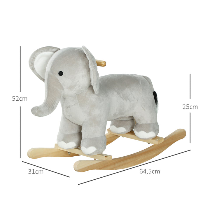 Cavalo Baloiço para Crianças de 2-4 Anos Cavalo de Brincar em Forma de Elefante com Som Guiador e Base de Madeira Carga 40 kg 64,5x31x52 cm Cinzento