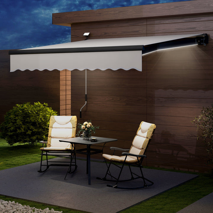 Toldo Manual Retrátil 295x250 cm com Luzes LED Solares Toldo para Varanda com Manivela de Alumínio e Proteção UV50+ para Jardim Janelas Creme