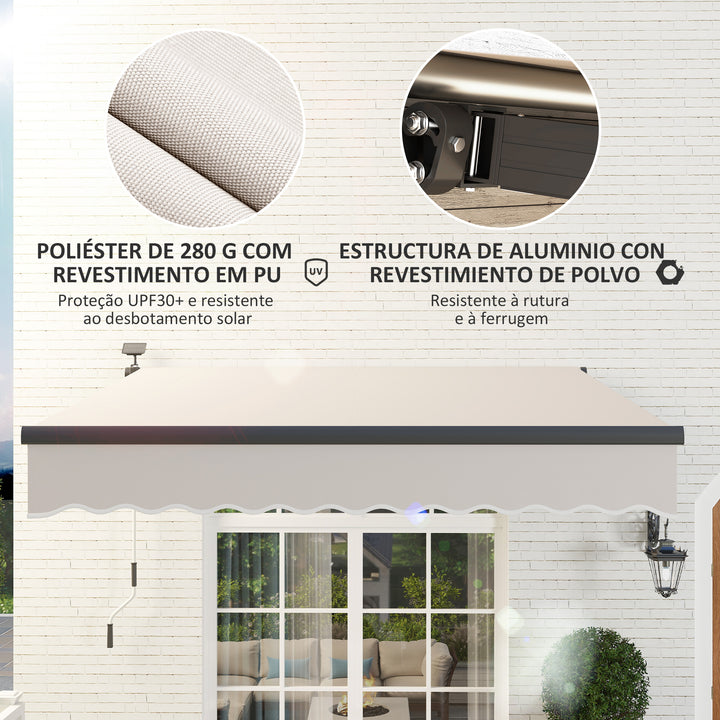 Toldo Manual Retrátil 295x250 cm com Luzes LED Solares Toldo para Varanda com Manivela de Alumínio e Proteção UV50+ para Jardim Janelas Creme