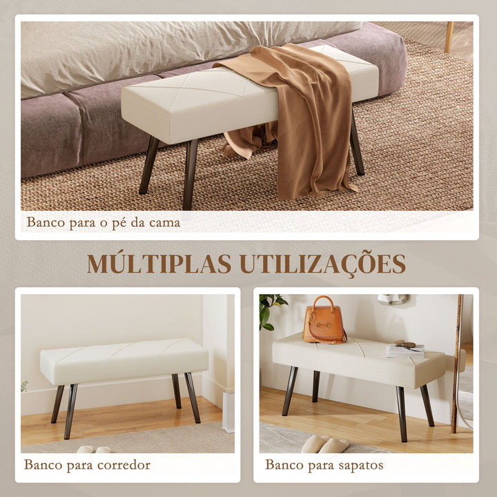 Banco de Pé de Cama Multifuncional Banco de Pé de Cama Moderno Banco de Dormitório com Pés de Aço e Assento Acolchoado Carga Máxima 120 kg Entrada Corredor 100x36x45 cm Creme