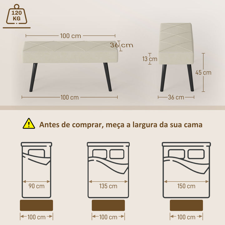 Banco de Pé de Cama Multifuncional Banco de Pé de Cama Moderno Banco de Dormitório com Pés de Aço e Assento Acolchoado Carga Máxima 120 kg Entrada Corredor 100x36x45 cm Creme