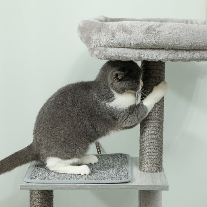 Arranhador para Gatos com Plataforma Altura 126 cm Torre de Escalar para Gatos com Rede Caverna Cama Postes de Sisal e Bolas de Brincar 48x40x126 cm Cinza