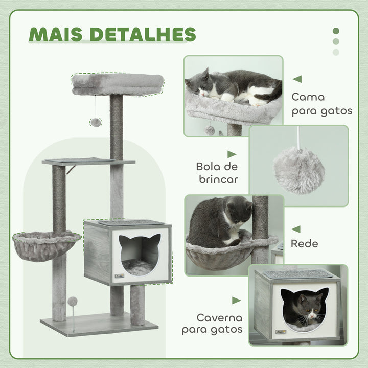 Arranhador para Gatos com Plataforma Altura 126 cm Torre de Escalar para Gatos com Rede Caverna Cama Postes de Sisal e Bolas de Brincar 48x40x126 cm Cinza