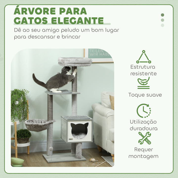 Arranhador para Gatos com Plataforma Altura 126 cm Torre de Escalar para Gatos com Rede Caverna Cama Postes de Sisal e Bolas de Brincar 48x40x126 cm Cinza