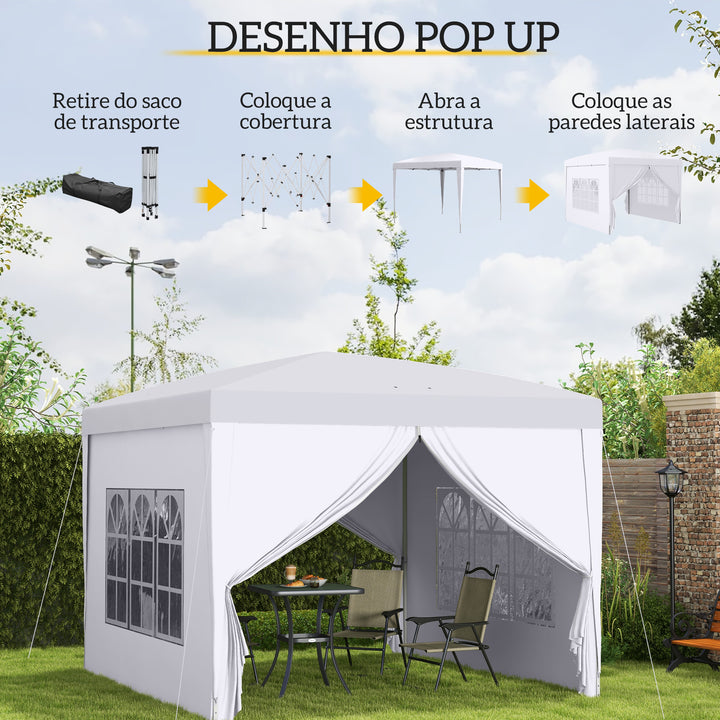 Tenda de Jardim com Paredes Laterais Amovíveis Janelas Porta com Zíper e Bolsa de Transporte 295x295x196-258 cm Branco