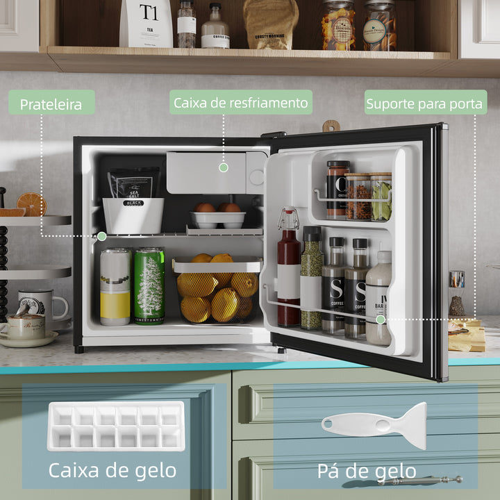 Mini Frigorífico Silencioso 46L Classe F Frigorífico Pequeno com Temperatura Ajustável e Porta Reversível para Sala de Estar Dormitório Escritório 48x44x49 cm Prata
