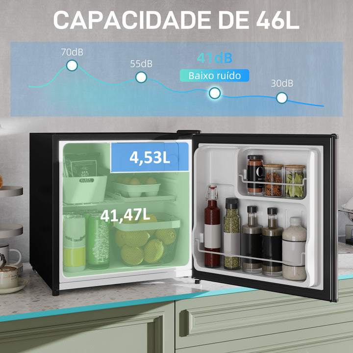 Mini Frigorífico Silencioso 46L Classe F Frigorífico Pequeno com Temperatura Ajustável e Porta Reversível para Sala de Estar Dormitório Escritório 48x44x49 cm Prata