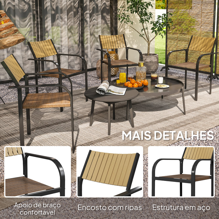 Conjunto de 4 Cadeiras de Jardim Cadeiras de Exterior Empilháveis Cadeiras de Jantar com Tecido Transpirável Estrutura de Aço Apoios de Braço e Encosto 58x65x85 cm Marrom
