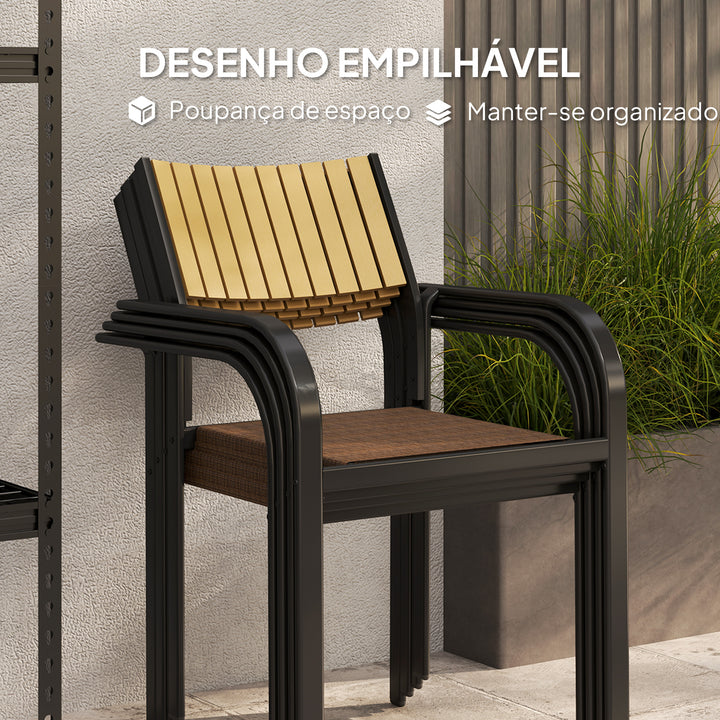 Conjunto de 4 Cadeiras de Jardim Cadeiras de Exterior Empilháveis Cadeiras de Jantar com Tecido Transpirável Estrutura de Aço Apoios de Braço e Encosto 58x65x85 cm Marrom