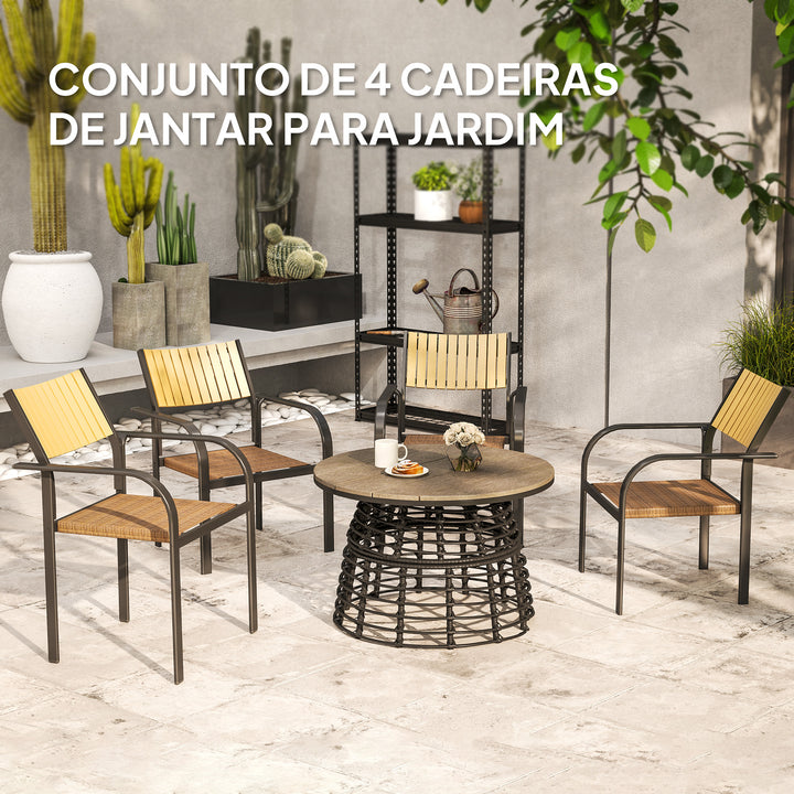 Conjunto de 4 Cadeiras de Jardim Cadeiras de Exterior Empilháveis Cadeiras de Jantar com Tecido Transpirável Estrutura de Aço Apoios de Braço e Encosto 58x65x85 cm Marrom