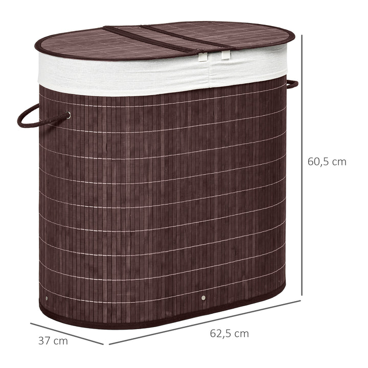 Cesto de Roupa de Bambu Capacidade de 100L Cesto para Roupa Suja com Tampa Rebatível e Bolsa com 2 Compartimentos Amovível 62,5x37x60,5cm Marrom
