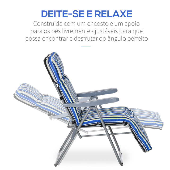 2 Espreguiçadeiras de Jardim Dobráveis Espreguiçadeiras de Aço com Almofada Acolchoada Encosto Ajustável em 5 Posições e Apoio para os Pés 60x75x65-102 cm Listras Azul
