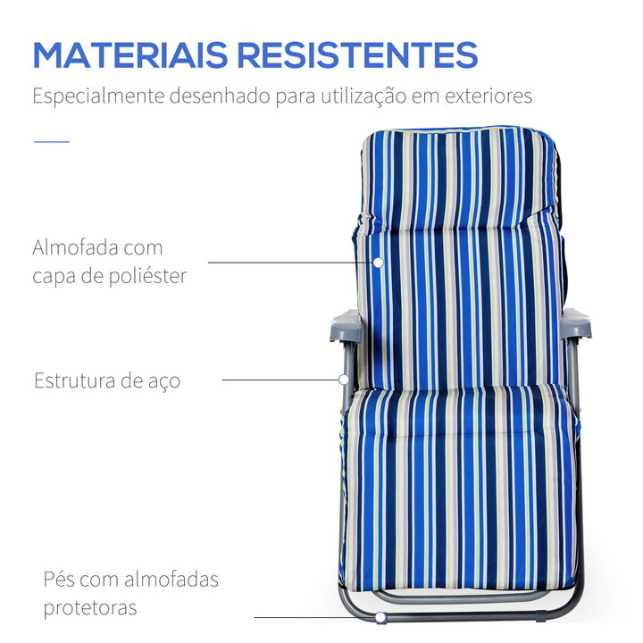 2 Espreguiçadeiras de Jardim Dobráveis Espreguiçadeiras de Aço com Almofada Acolchoada Encosto Ajustável em 5 Posições e Apoio para os Pés 60x75x65-102 cm Listras Azul