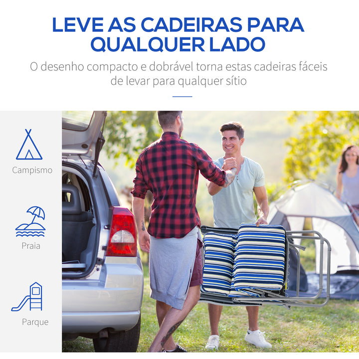 2 Espreguiçadeiras de Jardim Dobráveis Espreguiçadeiras de Aço com Almofada Acolchoada Encosto Ajustável em 5 Posições e Apoio para os Pés 60x75x65-102 cm Listras Azul