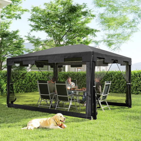 Tenda de Jardim 4x3 m Tenda Dobrável de Exterior com 4 Mosqueteiras Laterais 2 Portas com Fecho de Correr e 8 Orifícios de Drenagem para Pátio Praia Cinza