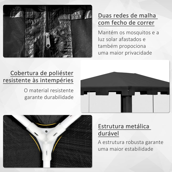 Tenda de Jardim 4x3 m Tenda Dobrável de Exterior com 4 Mosqueteiras Laterais 2 Portas com Fecho de Correr e 8 Orifícios de Drenagem para Pátio Praia Cinza