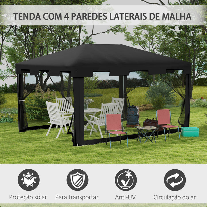 Tenda de Jardim 4x3 m Tenda Dobrável de Exterior com 4 Mosqueteiras Laterais 2 Portas com Fecho de Correr e 8 Orifícios de Drenagem para Pátio Praia Cinza